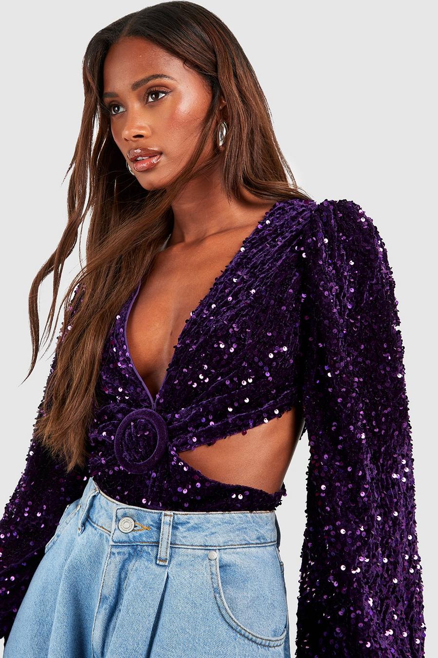 Plum purple Fluwelen Glitter Bodysuit Met Pailletten En Uitsnijding