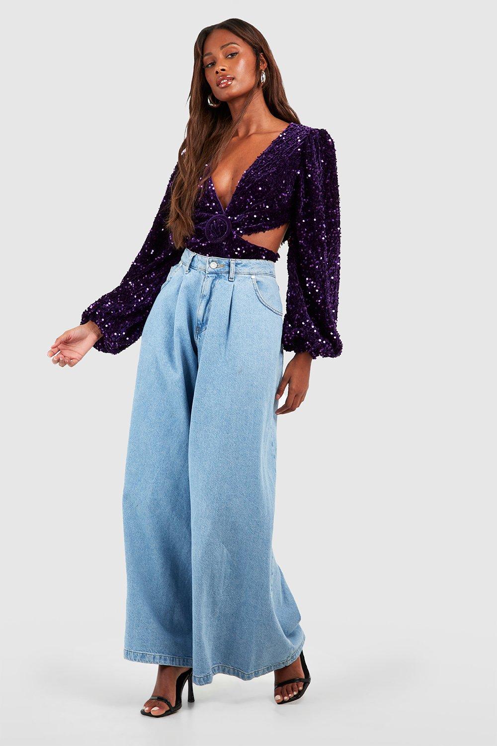 Plum Velvet Sequin Cut Out Bodysuit boohoo UK