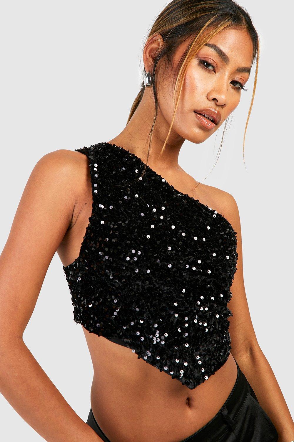 Black sequin one shoulder 2024 top