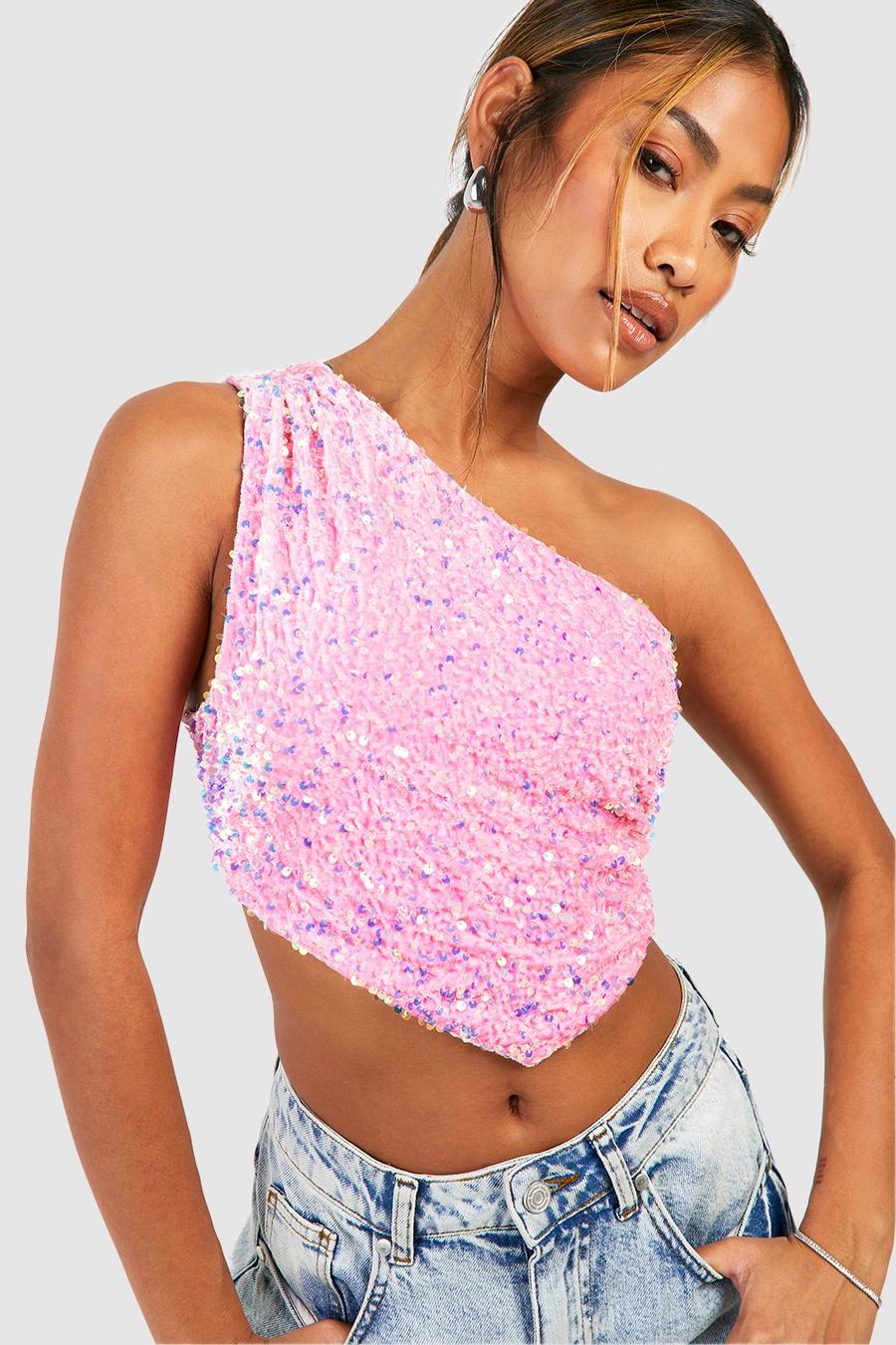 Pink Velvet Sequin One Shoulder V Hem Crop Top
