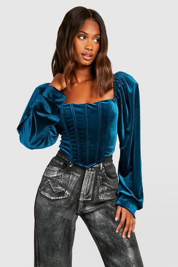 Teal Green Velvet Ballon Sleeve Boned Corset