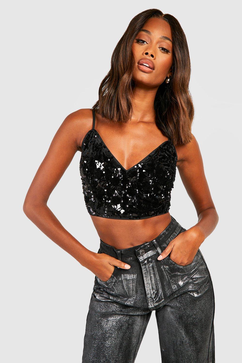 Velvet Star Sequin Strappy Back Crop Top | boohoo USA