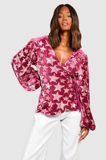 Velvet Star Sequin Balloon Sleeve Wrap Top blush