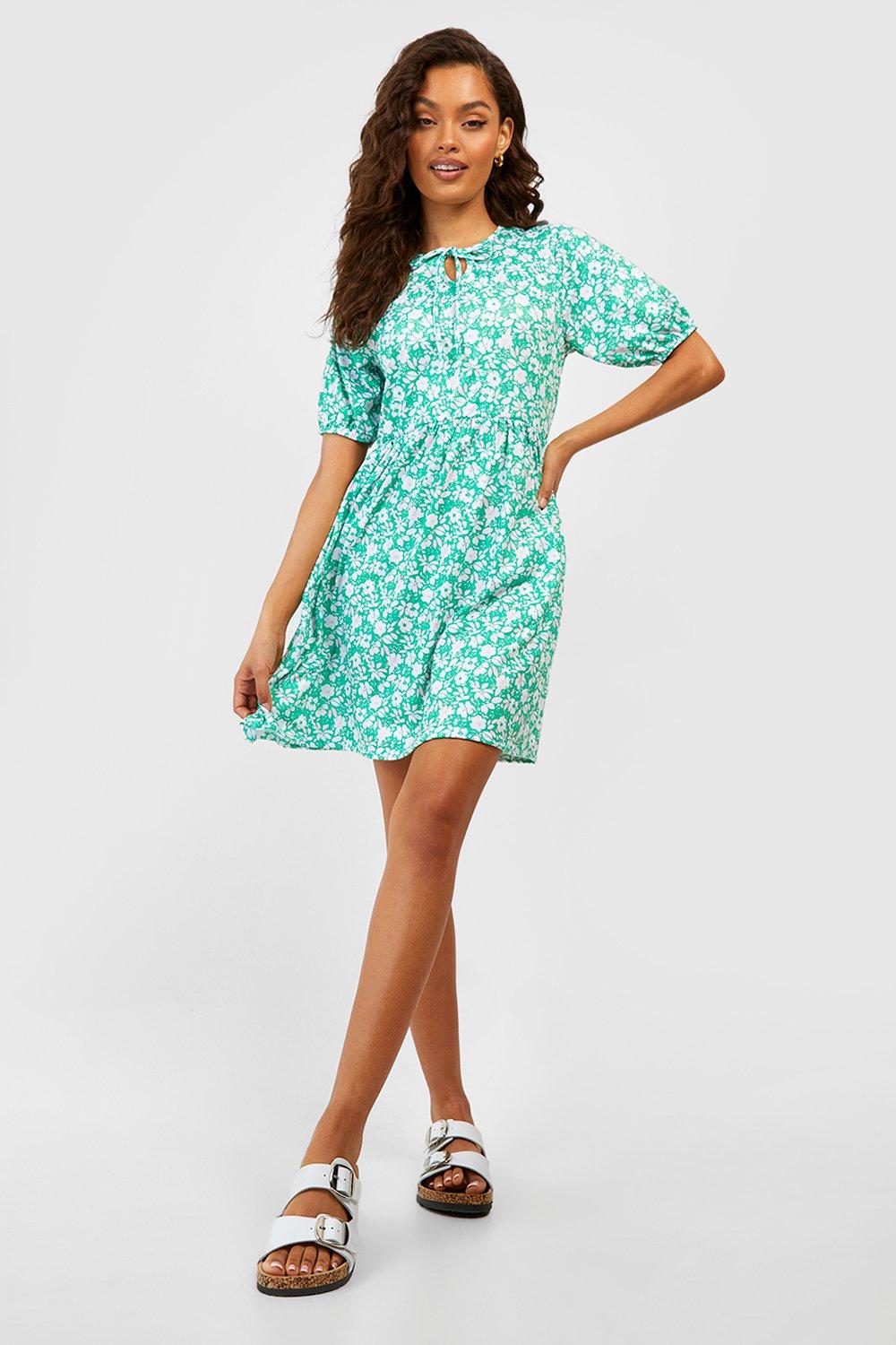 Boohoo off shoulder skater store dress in green ditsy floral