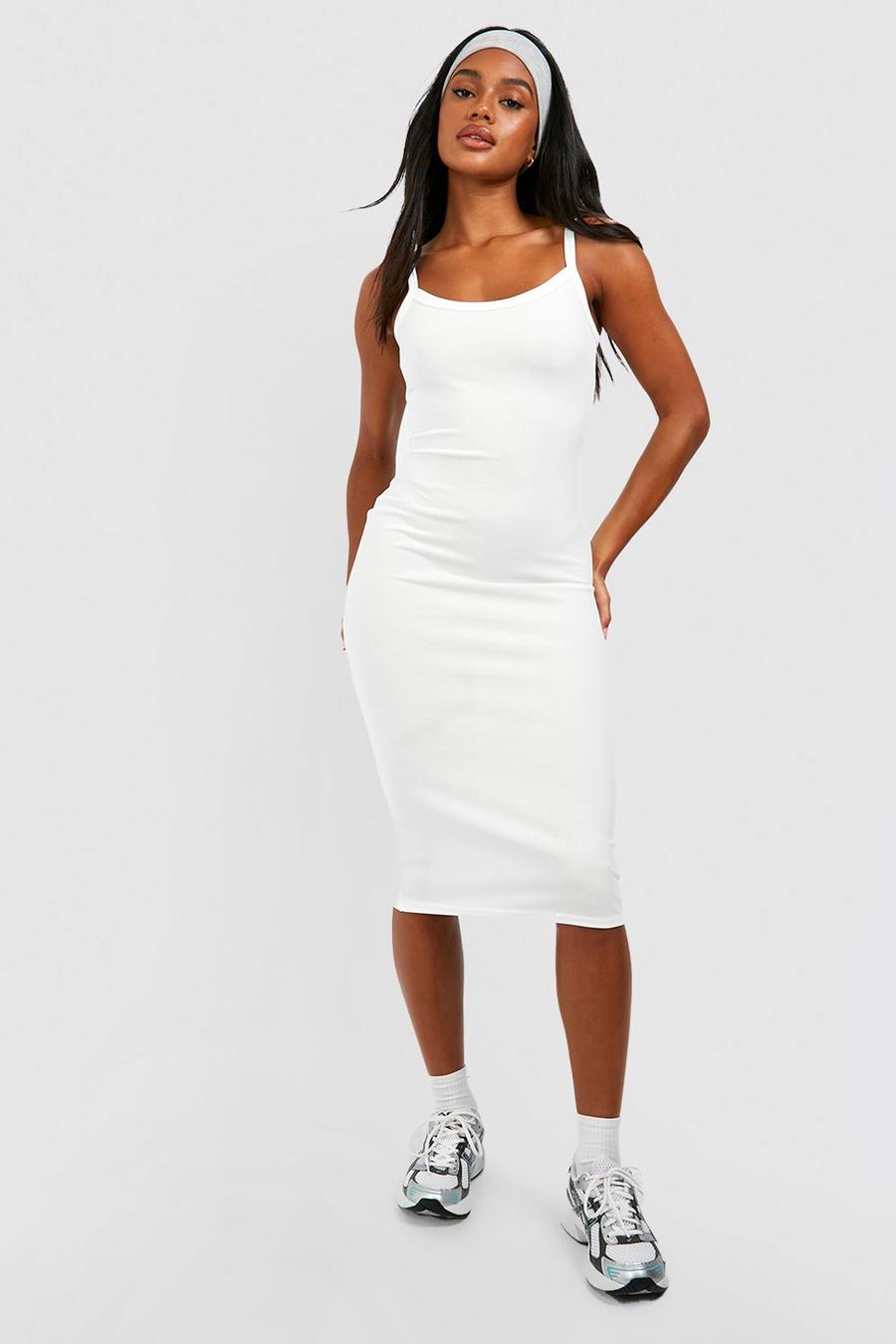 White Strappy Rib Midi Dress