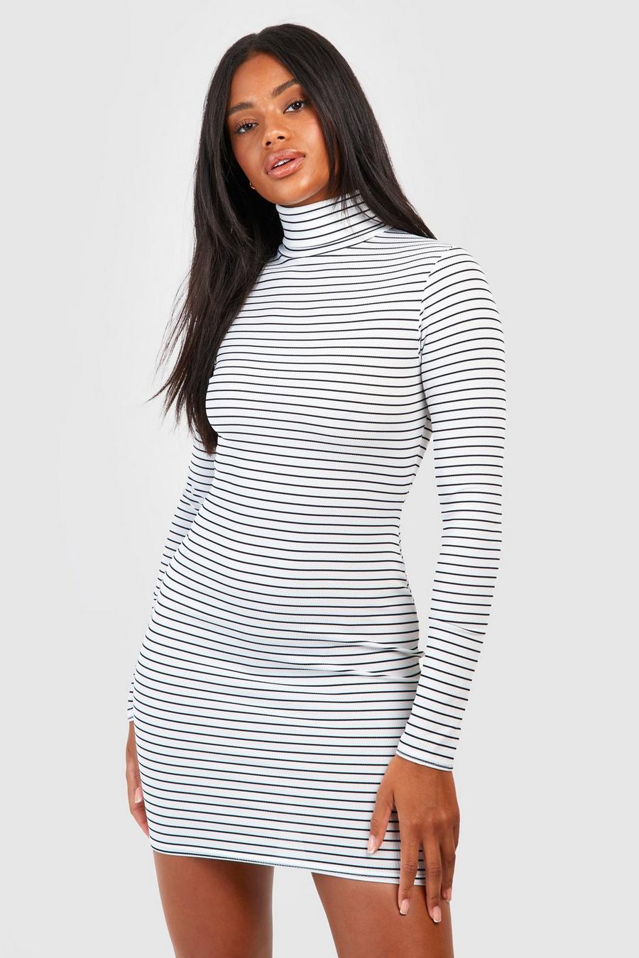 White Turtleneck Stripe Mini Dress image number 1