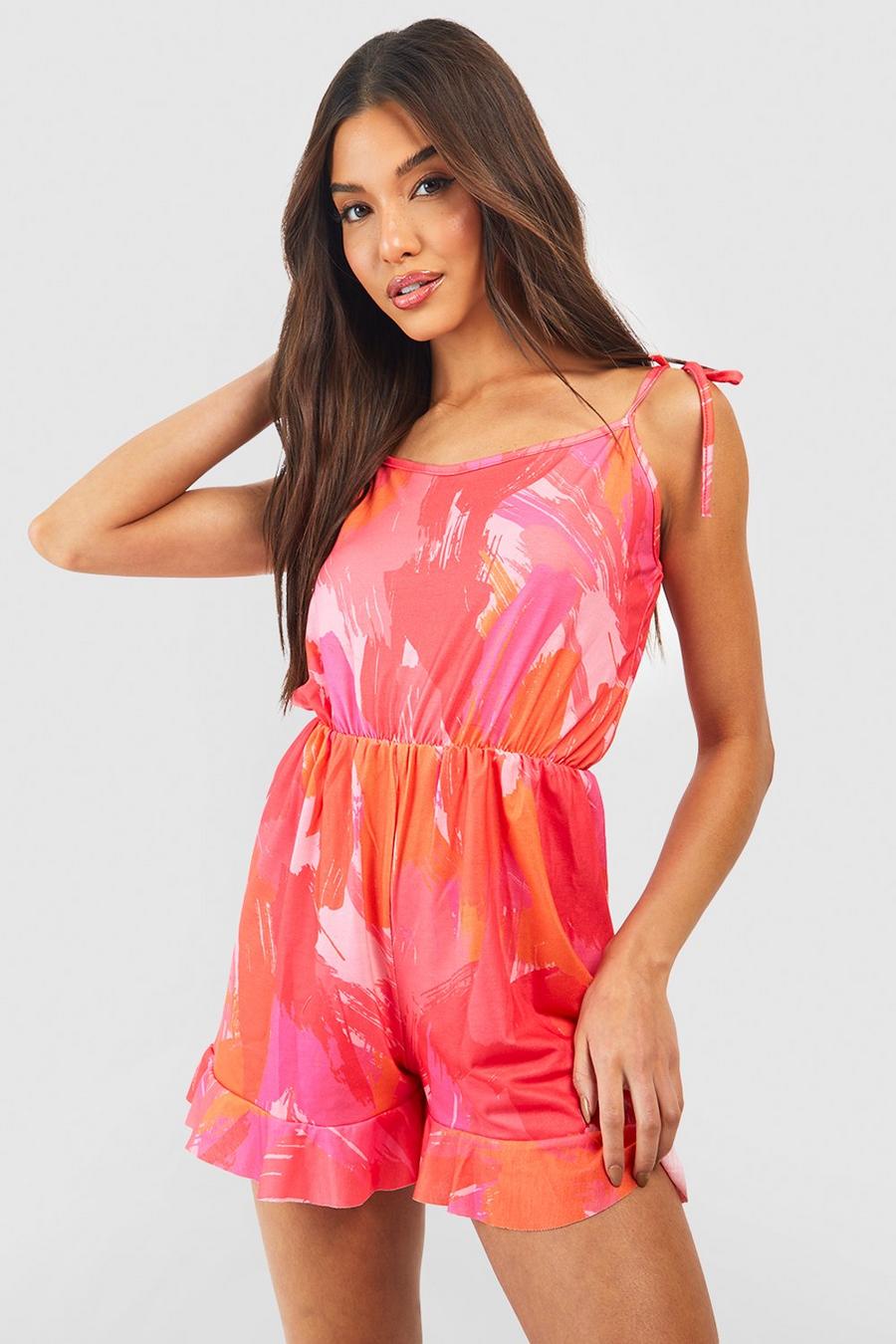 Pink rosa Abstract Printed Tie Strap Playsuit