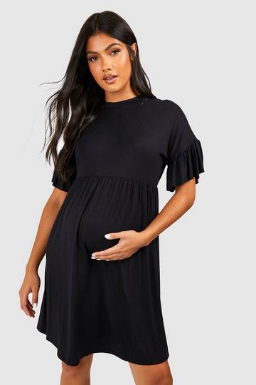 Maternity Frill Sleeve Smock Mini Dress black