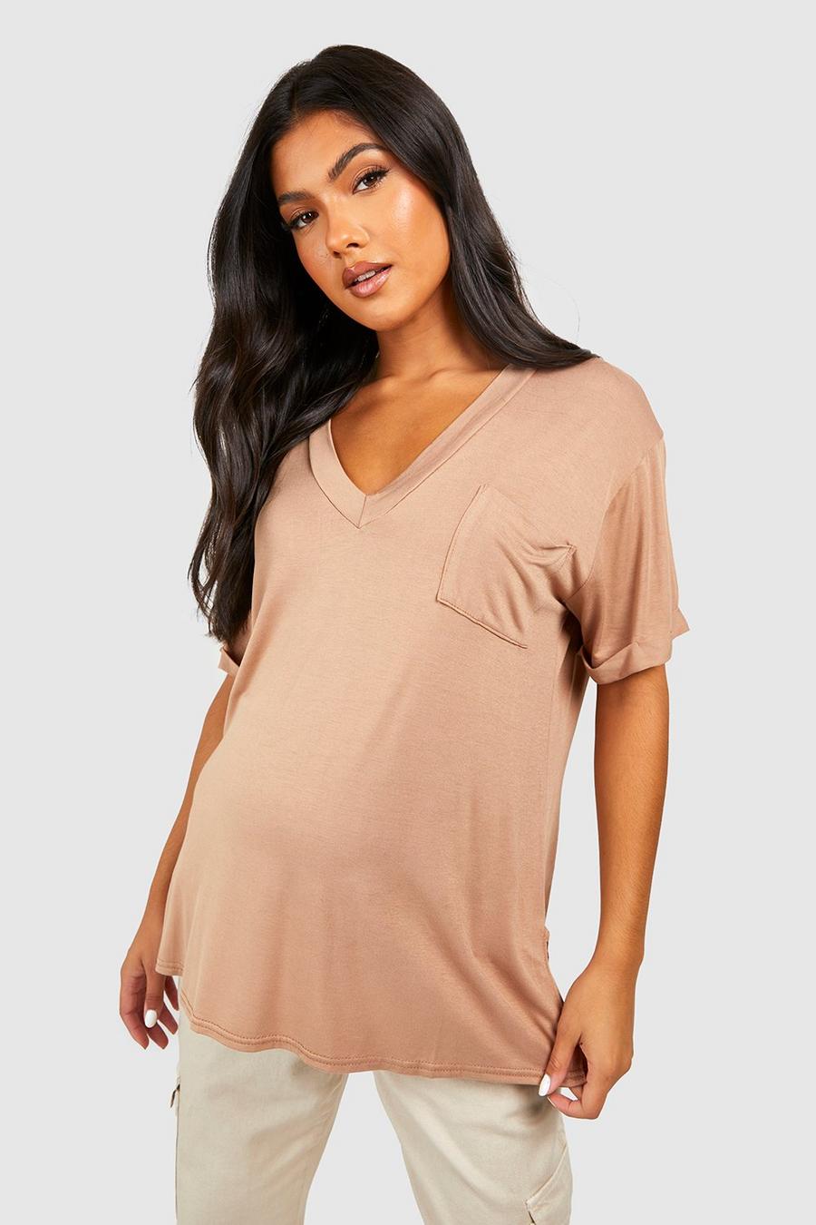 Camel beige Maternity V Neck Slouchy Pocket T-shirt