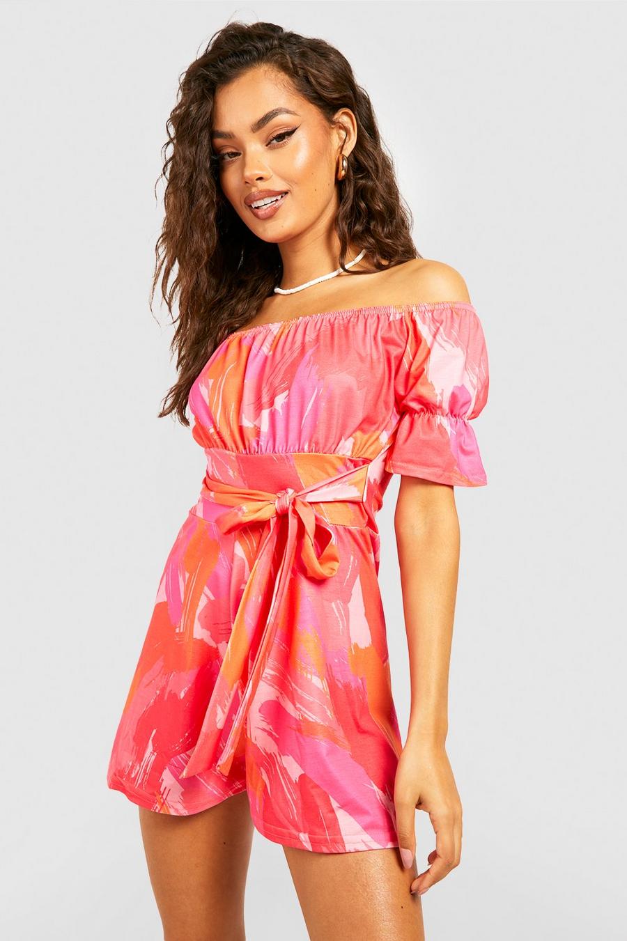 Pink Abstract Puff Sleeve Tie Belt Playsuit image number 1