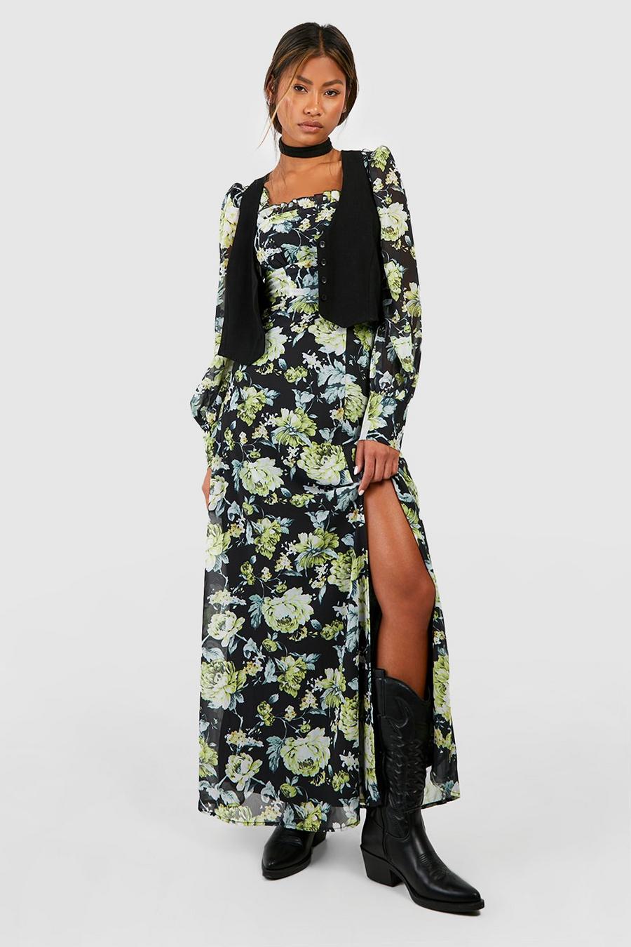 Black negro Floral Corset Detail Maxi Milkmaid Dress
