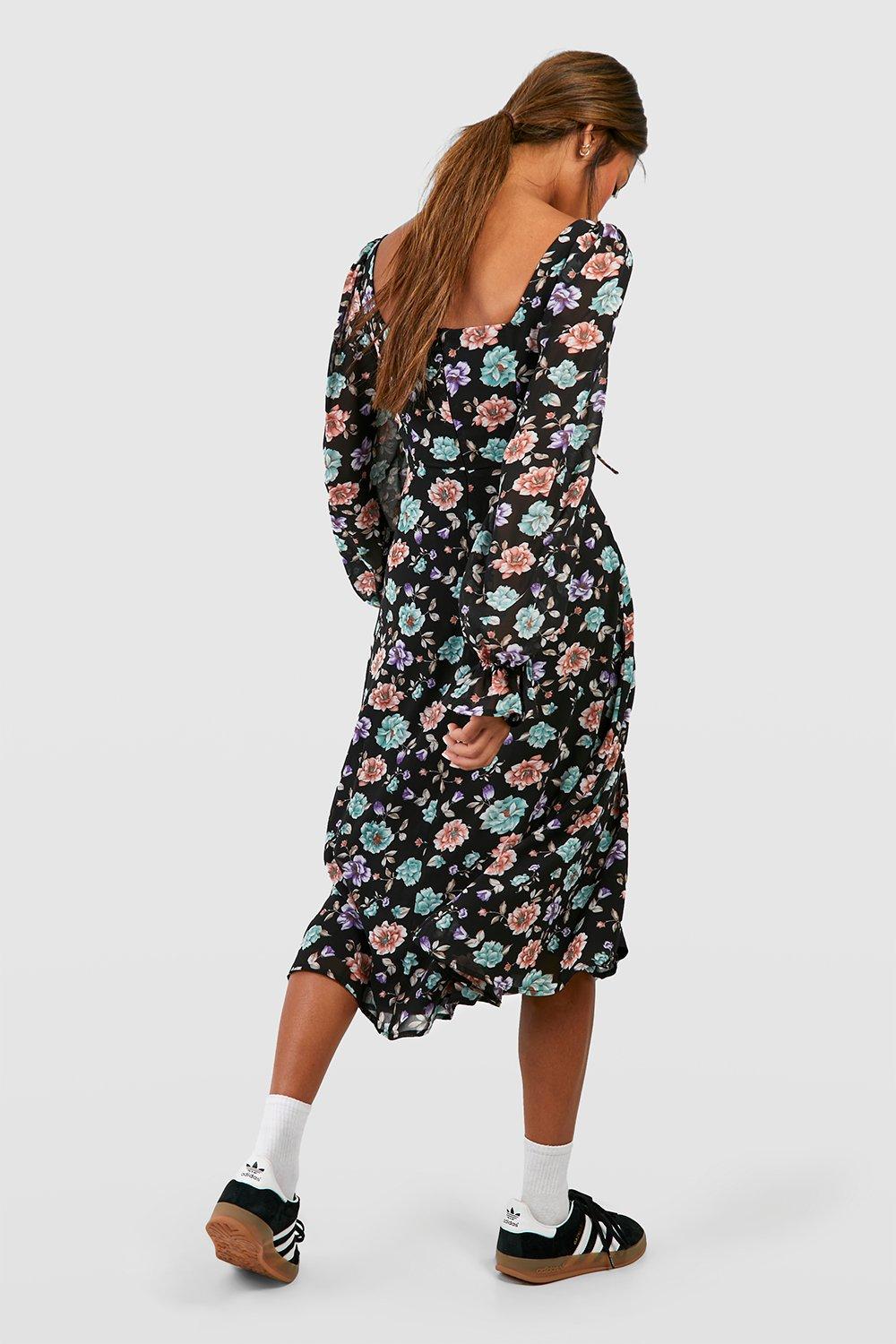 Floral Blosuon Sleeve Midi Milkmaid Dress boohoo