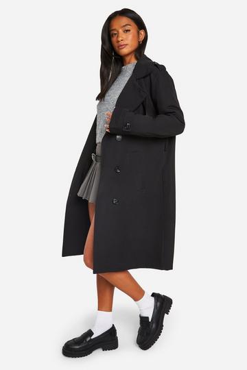 Black Petite Button Detail Belted Trench Coat