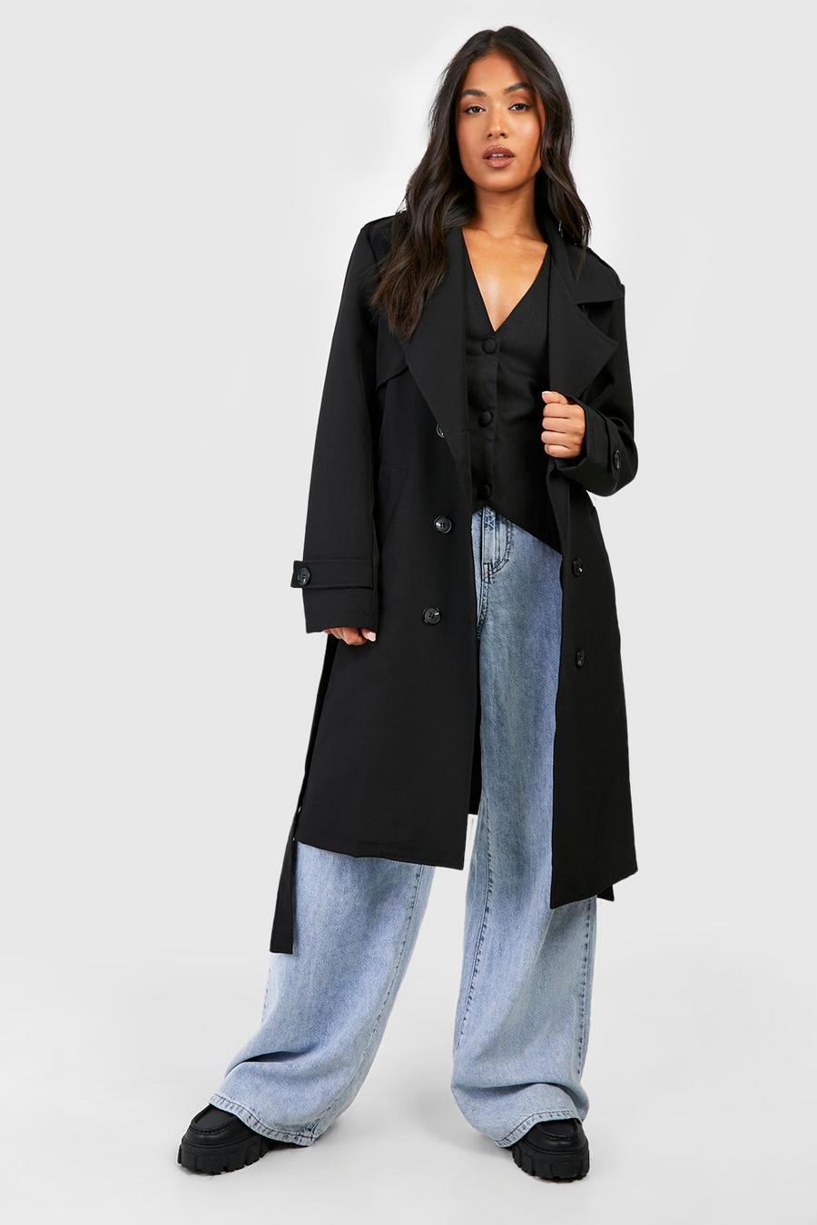 Black Petite Button Detail Belted Trench Coat