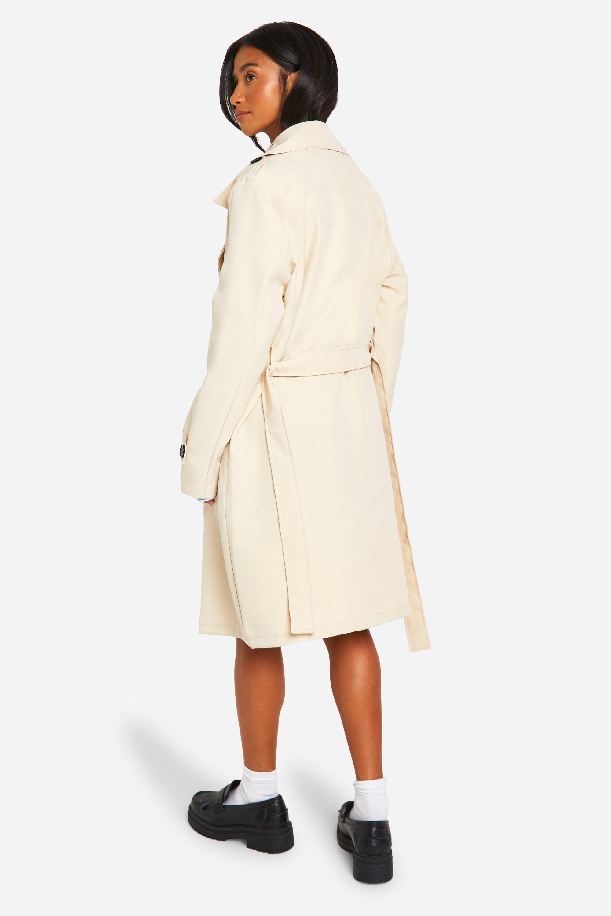 Petite Button Detail Belted Trench Coat boohoo UK