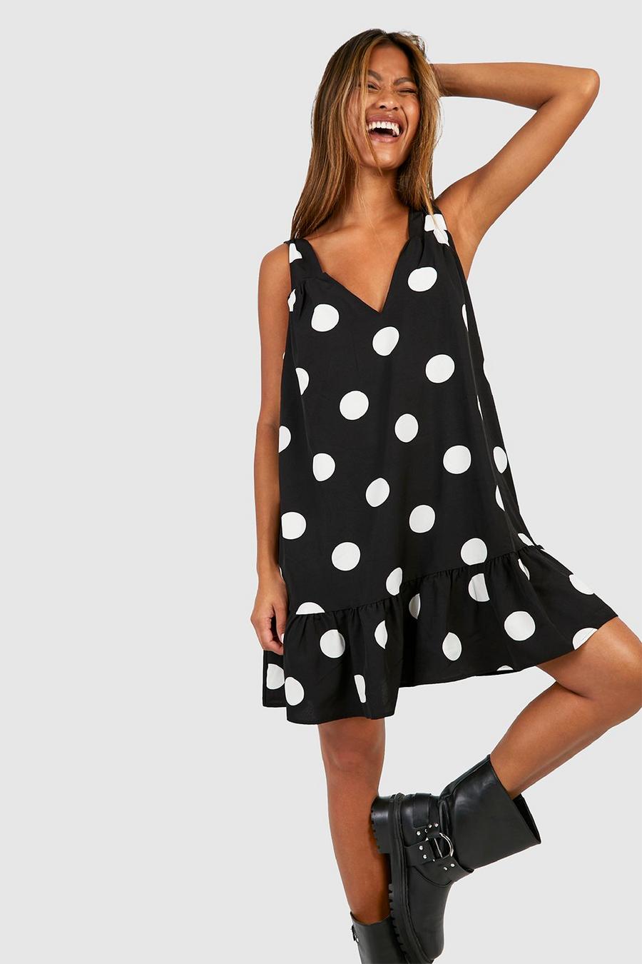 Black Polka Dot Trapeze Mini Dress image number 1