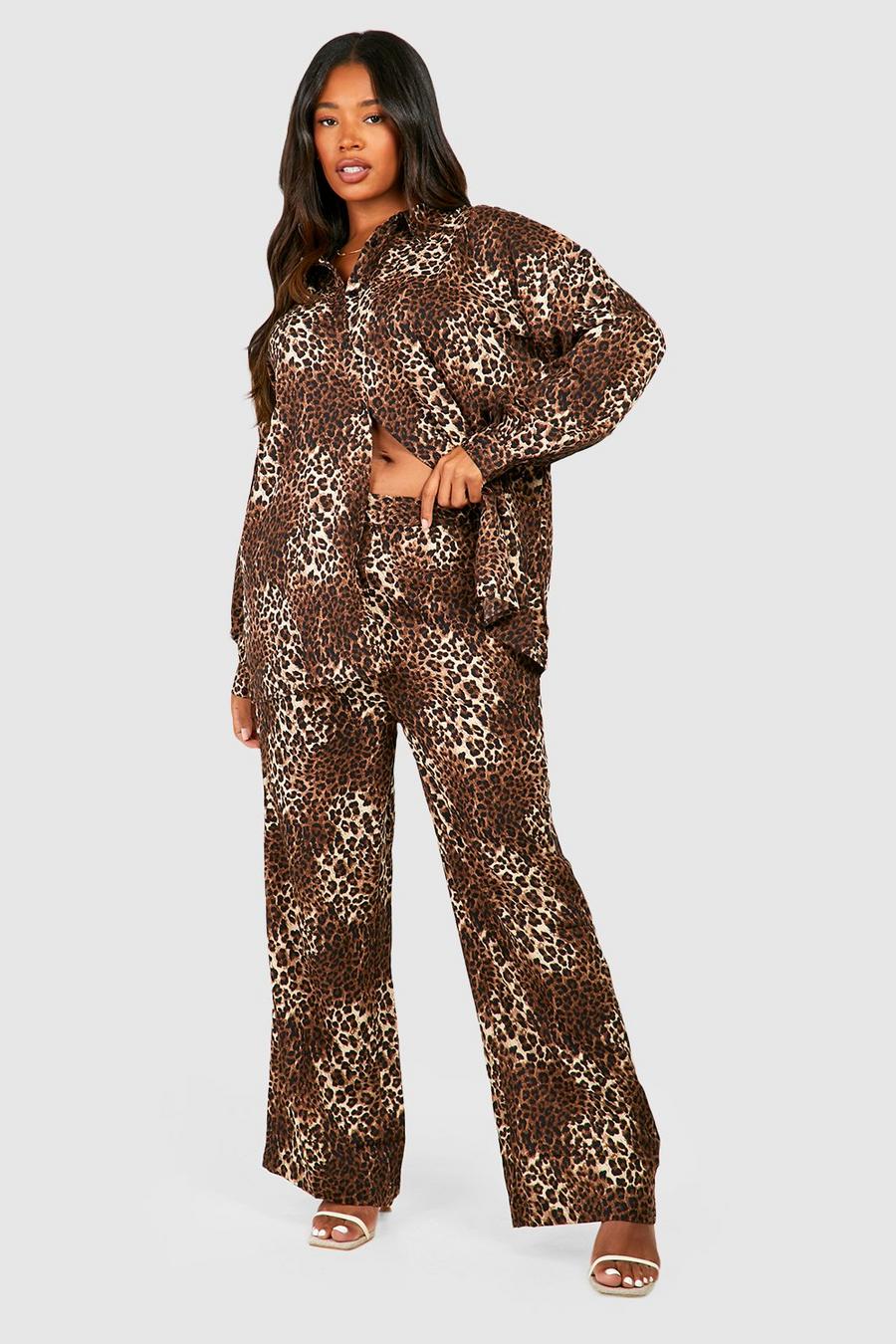 Camicia Plus Size leopardata & pantaloni coordinati, Brown marrone