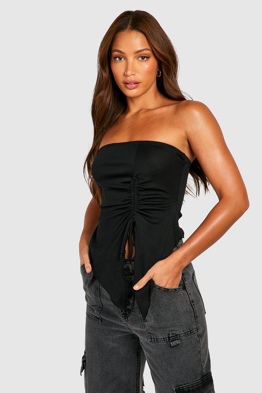 Black Tall Rib Ruched Asymmetric Bandeau Top image number 1