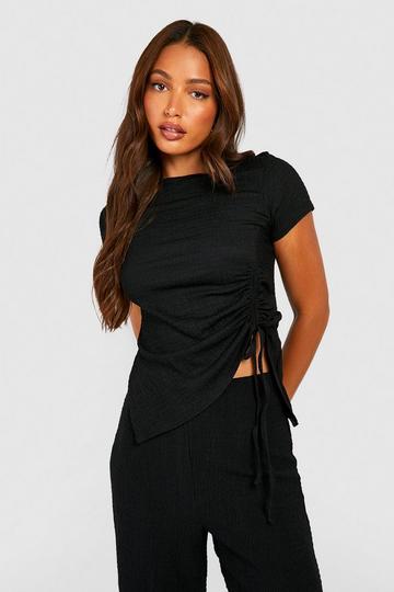 Tall Textured Ruched Side Asymmetric T-shirt black
