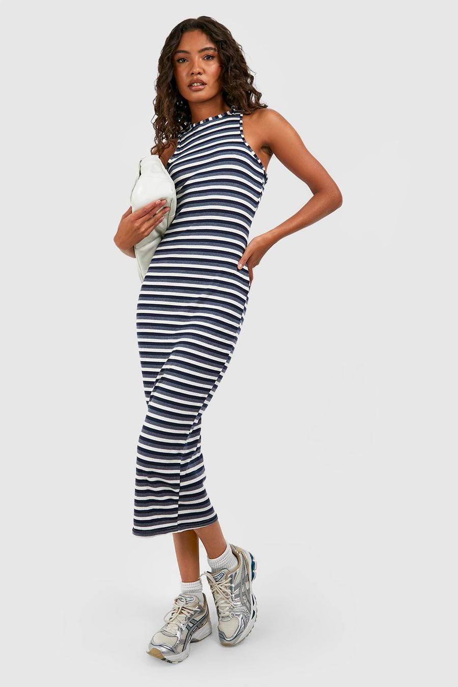 Navy Tall Rib Stripe Midi Dress