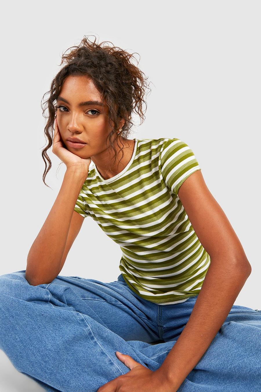 Green Tall Rib Stripe Cap Sleeve T-shirt image number 1