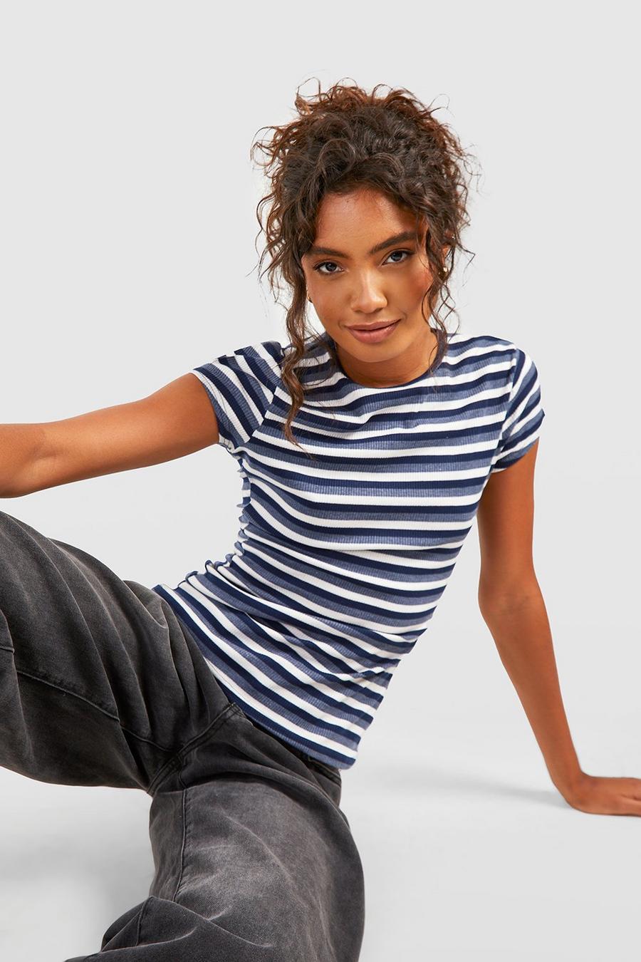 Navy Tall Rib Stripe Cap Sleeve T-shirt