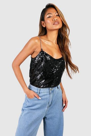 Black Folded Sequin Metal Trim Cami