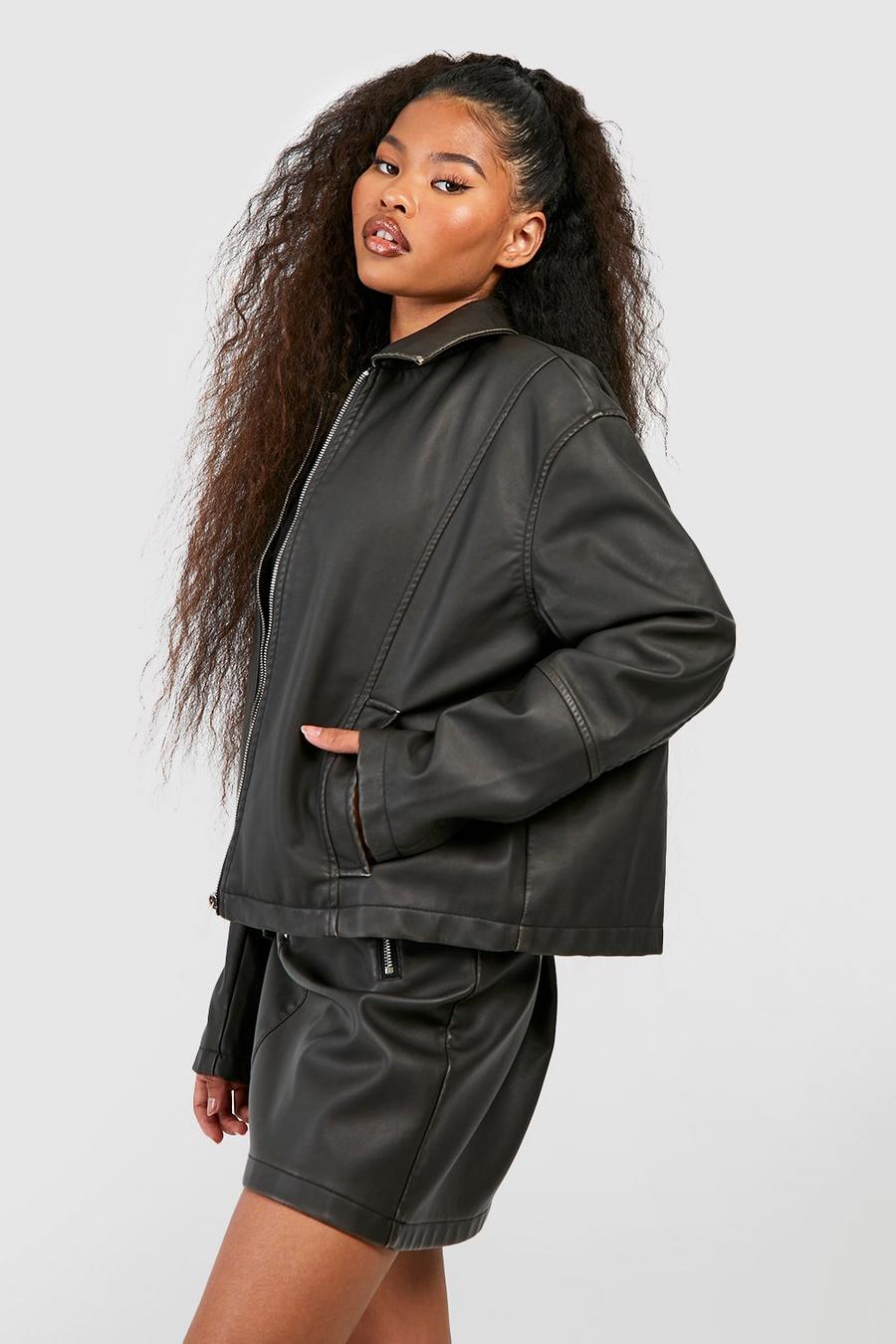 Black Vintage Look Faux Leather Zip Jacket
