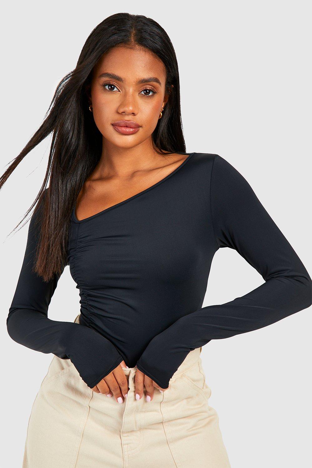 Women's Black Premium Matte Slinky Asymmetric Ruched Bodysuit