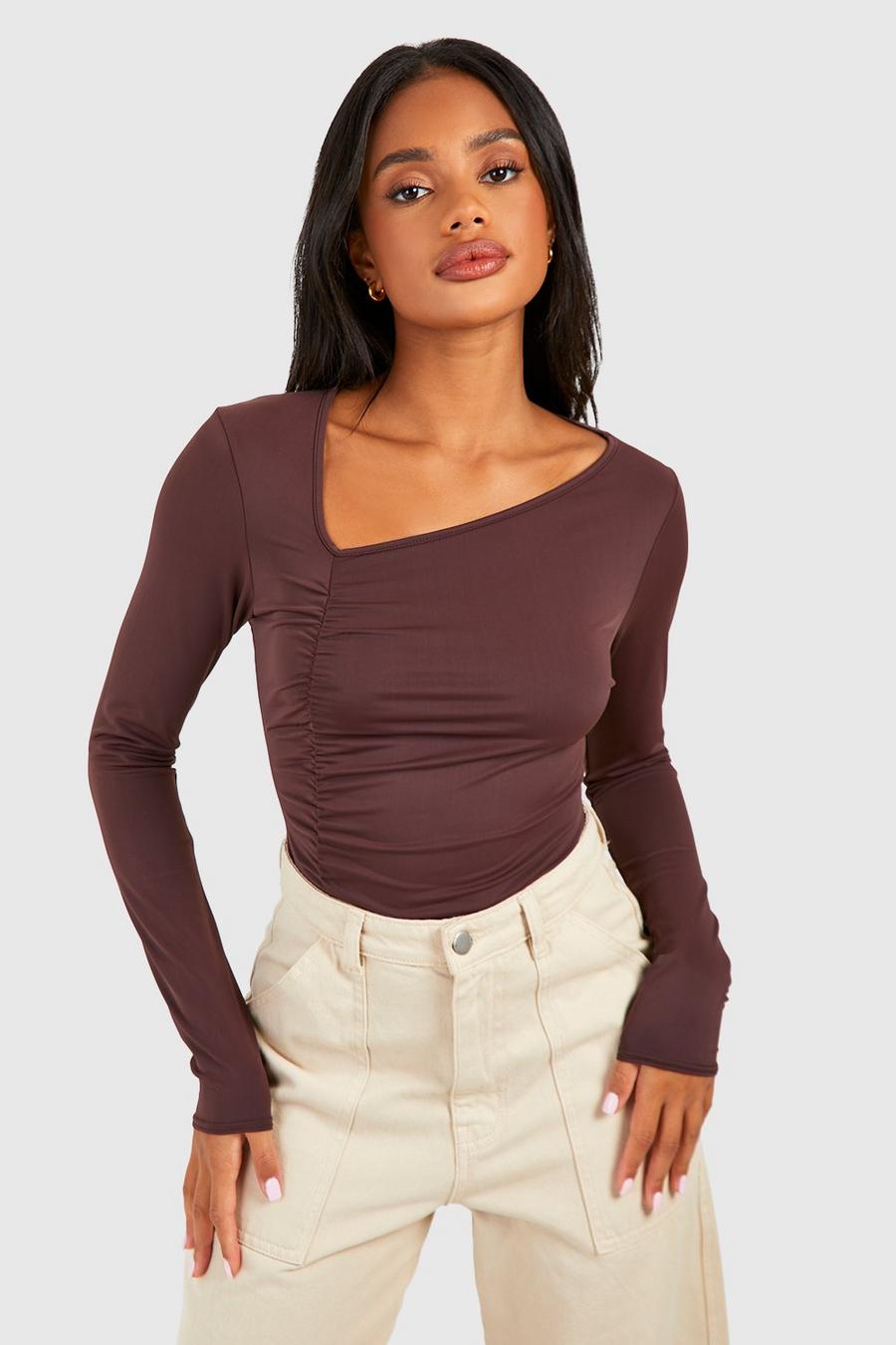 Chocolate Premium Matte Slinky Asymmetric Ruched Bodysuit  image number 1