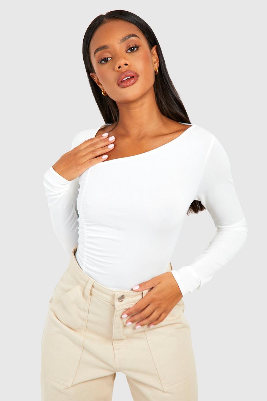 White Premium Matte Slinky Asymmetric Ruched Bodysuit  image number 1