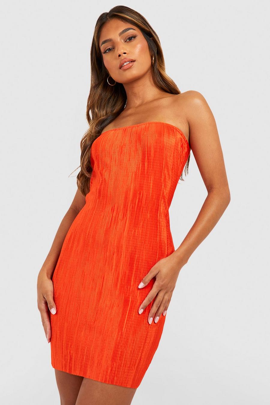 Orange Plisse Bandeau Mini Dress