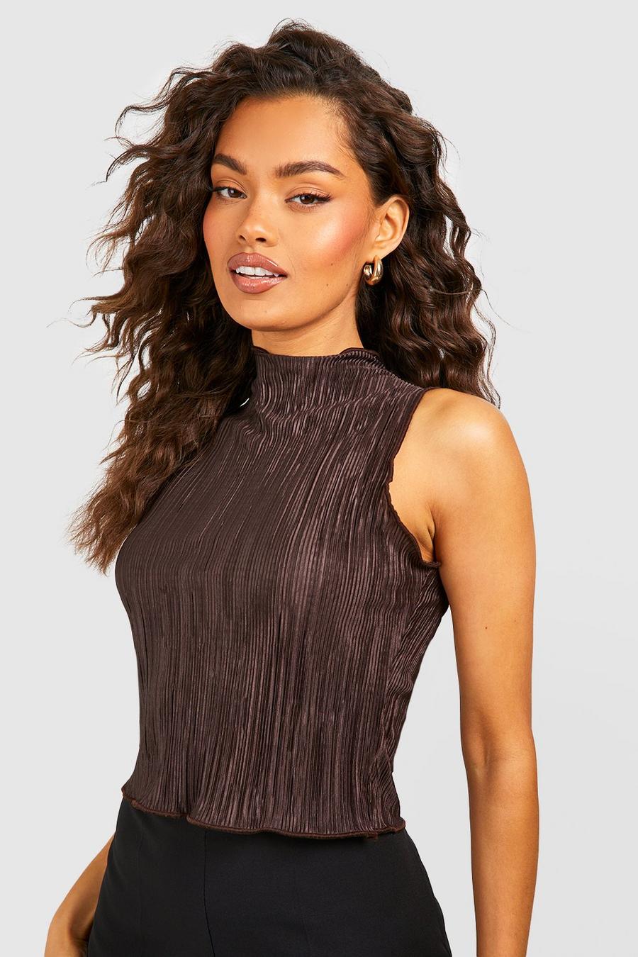 Chocolate brown Plisse High Neck Top