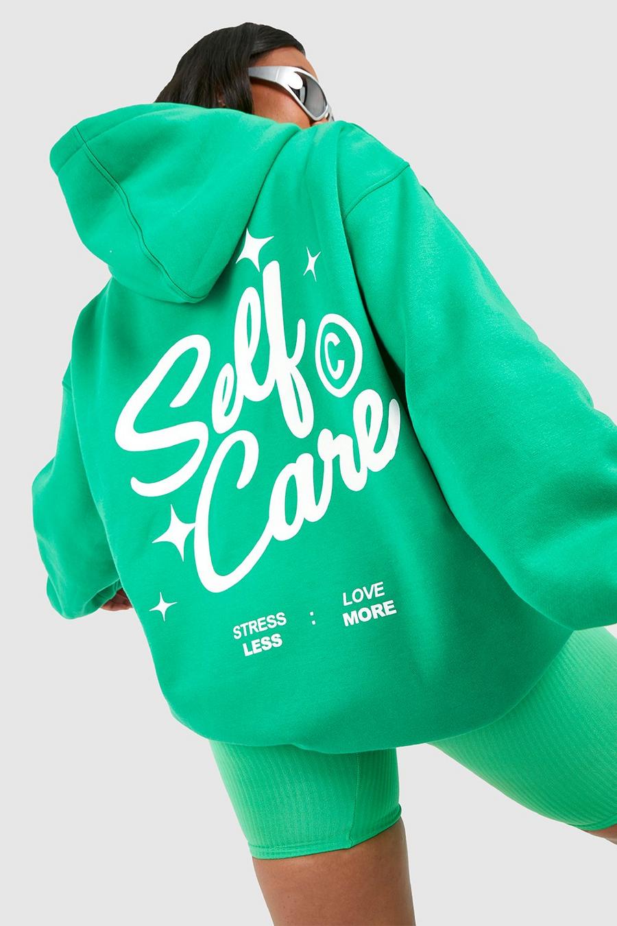 Grande taille - Sweat à capuche et slogan Self Care, Green