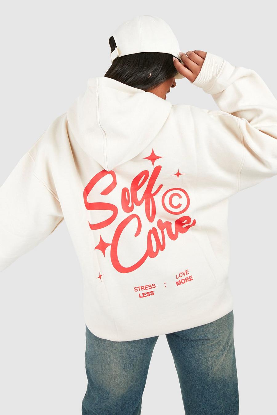 Sudadera Plus con capucha y eslogan Self Care en la espalda, Stone image number 1