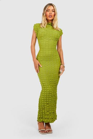 Olive Green Bubble Textured Sleeveless Midi Dress
