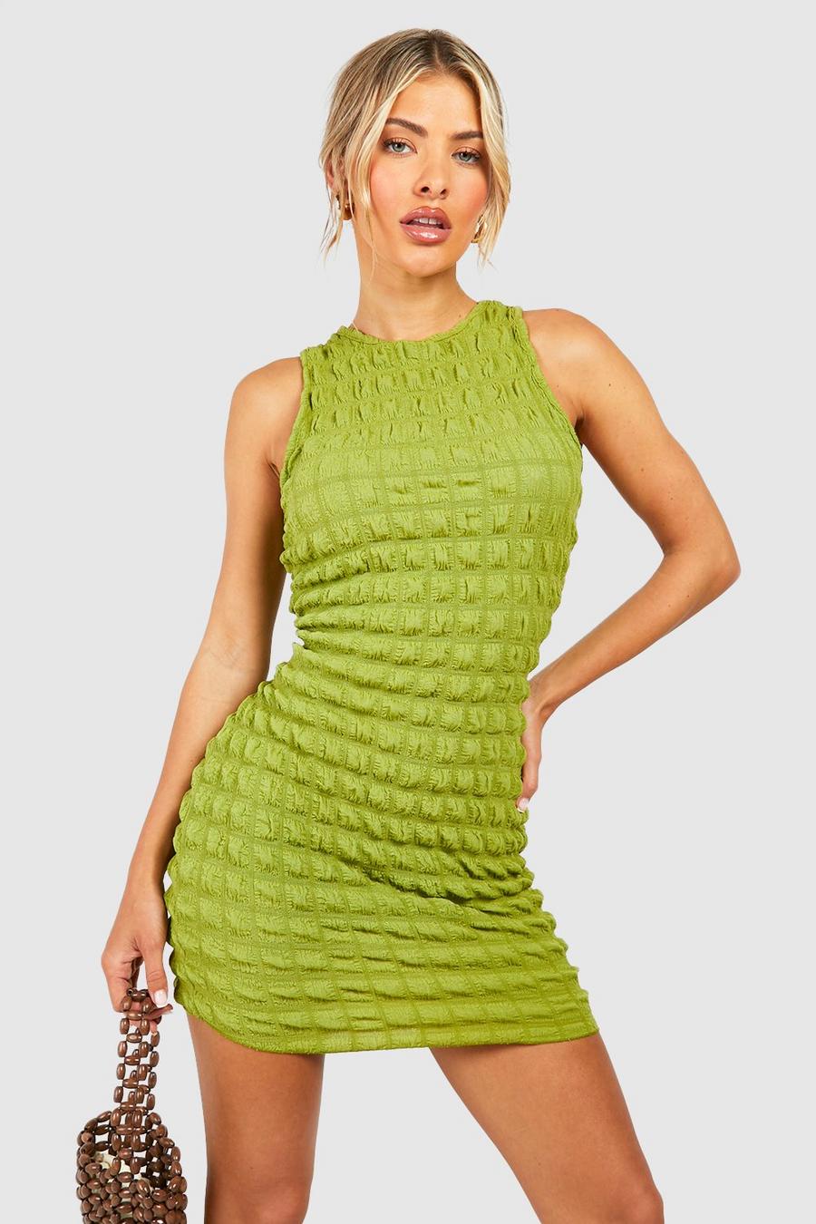 Olive Bubble Textured Racer Mini Dress image number 1