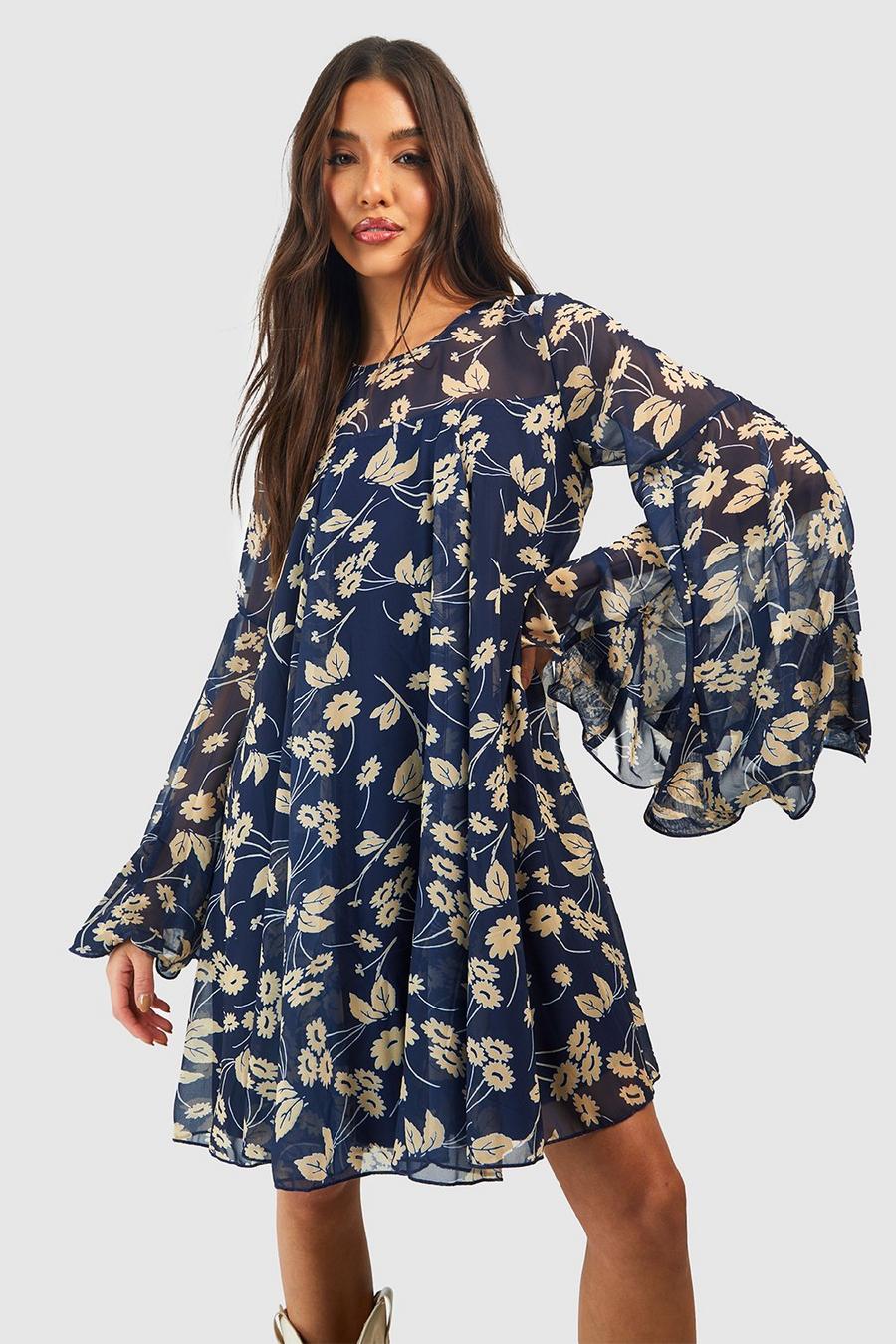 Navy Floral Print Flared Sleeve Smock Dress