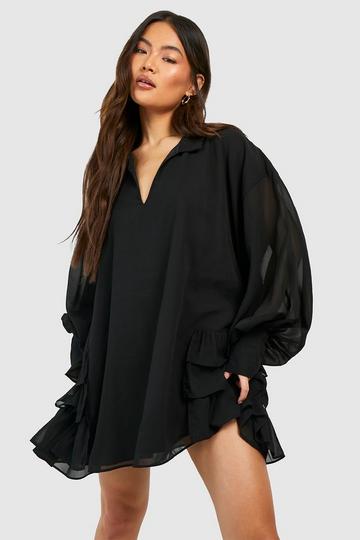 Blouson Sleeve Ruffle Smock Dress black