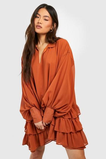 Blouson Sleeve Ruffle Smock Dress tan