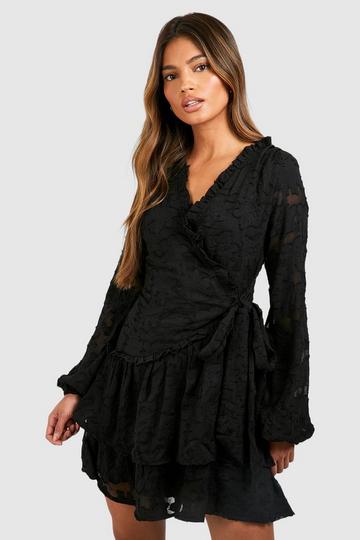 Textured Jaquard Ruffle Wrap Skater Dress black