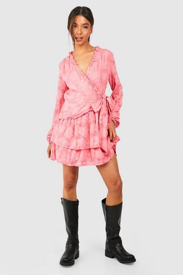 Textured Jaquard Ruffle Wrap Skater Dress rose