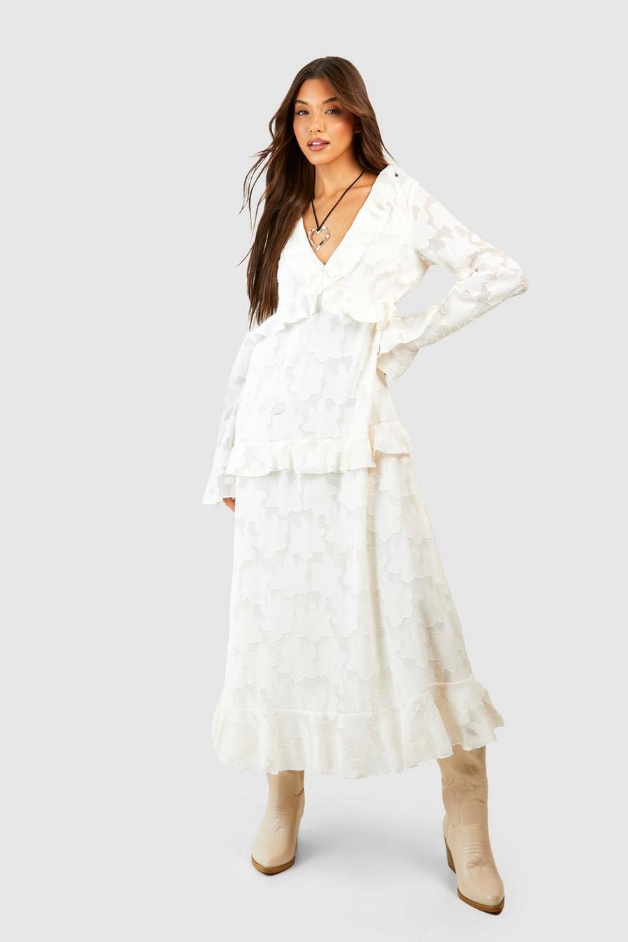Ivory white Textured Jaquard Frill Midaxi Smock Dress