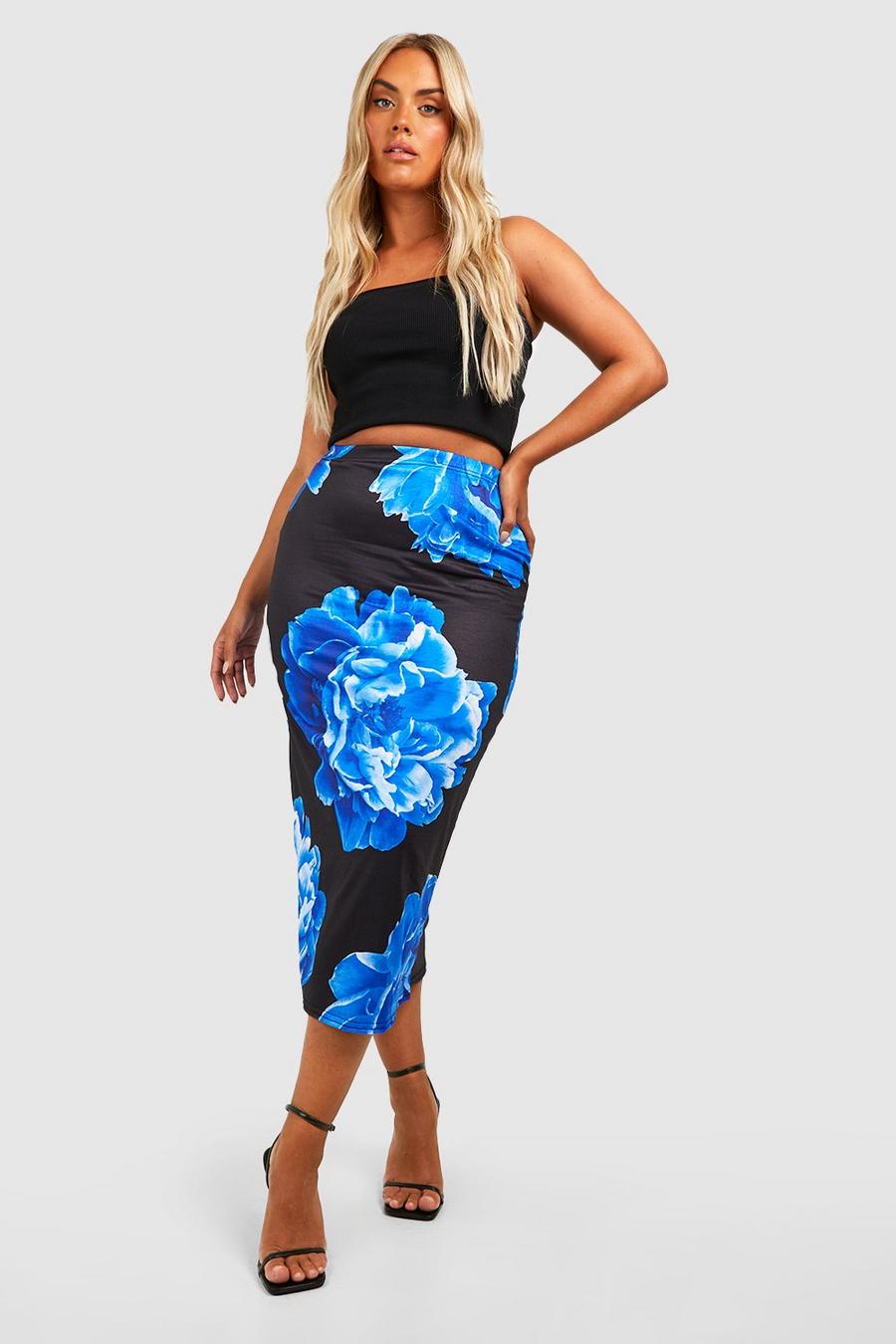 Plus Floral Printed Jersey Knit Midi Skirt image number 1