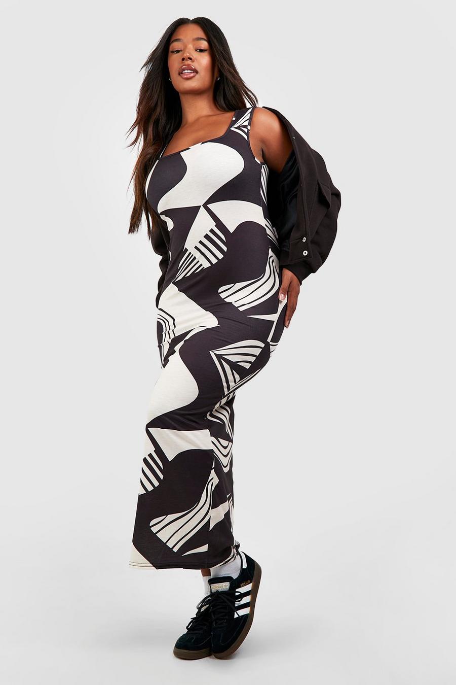 Plus Abstract Printed Jersey Knit Square Neck Maxi Dress image number 1
