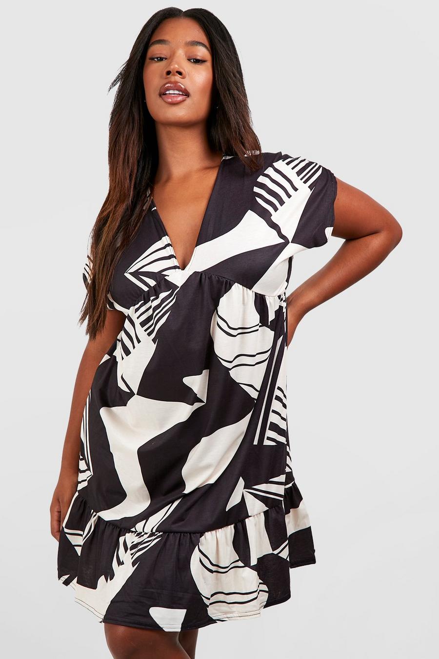 Black Plus Abstract Printed Jersey Knit Smock Dress image number 1