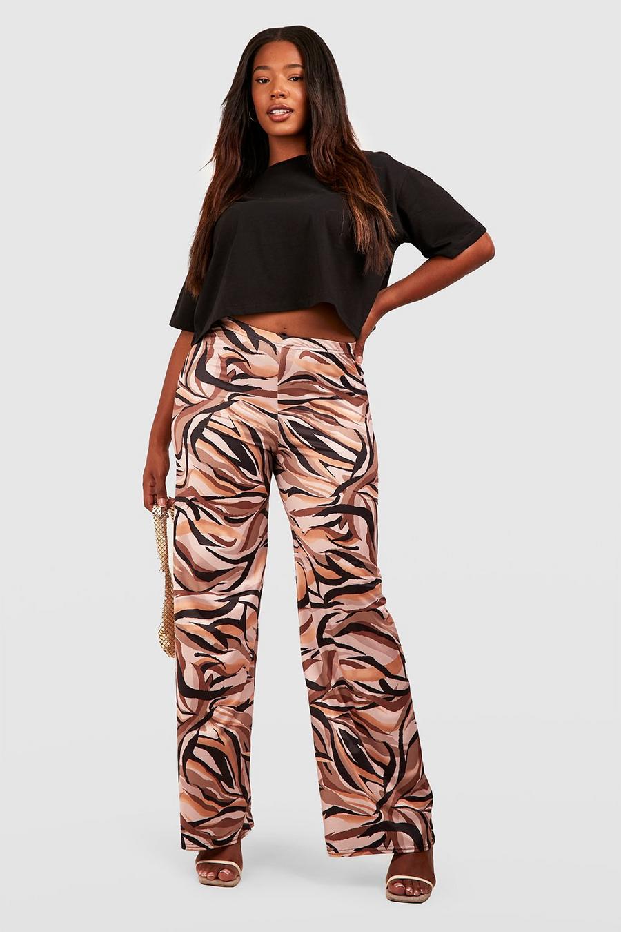 Brown Plus Abstract Slinky Wide Leg Trousers image number 1