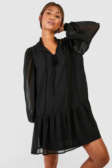 Black Chiffon Tie Neck Smock Dress