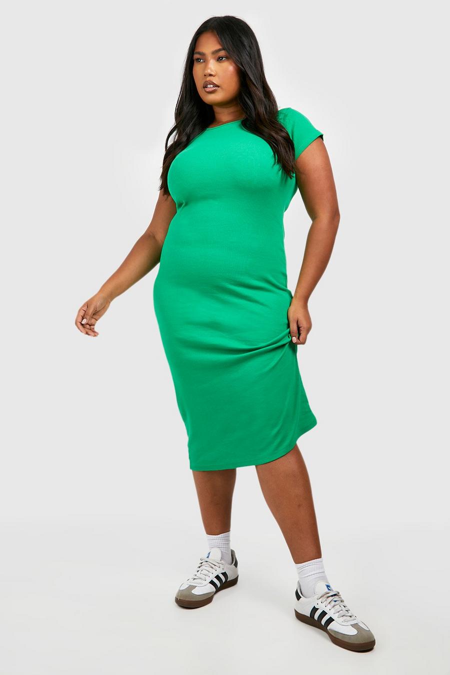 Green Plus Rib Cap Sleeve Midi Dress image number 1