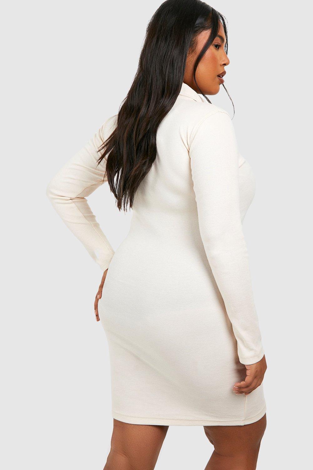 Plus Rib Collared Long Sleeve Bodycon Dress